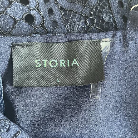 Storia Lace Dress Large Navy Blue Fringe Cut Out Party Club Cocktail Sexy Mini - Picture 4 of 9